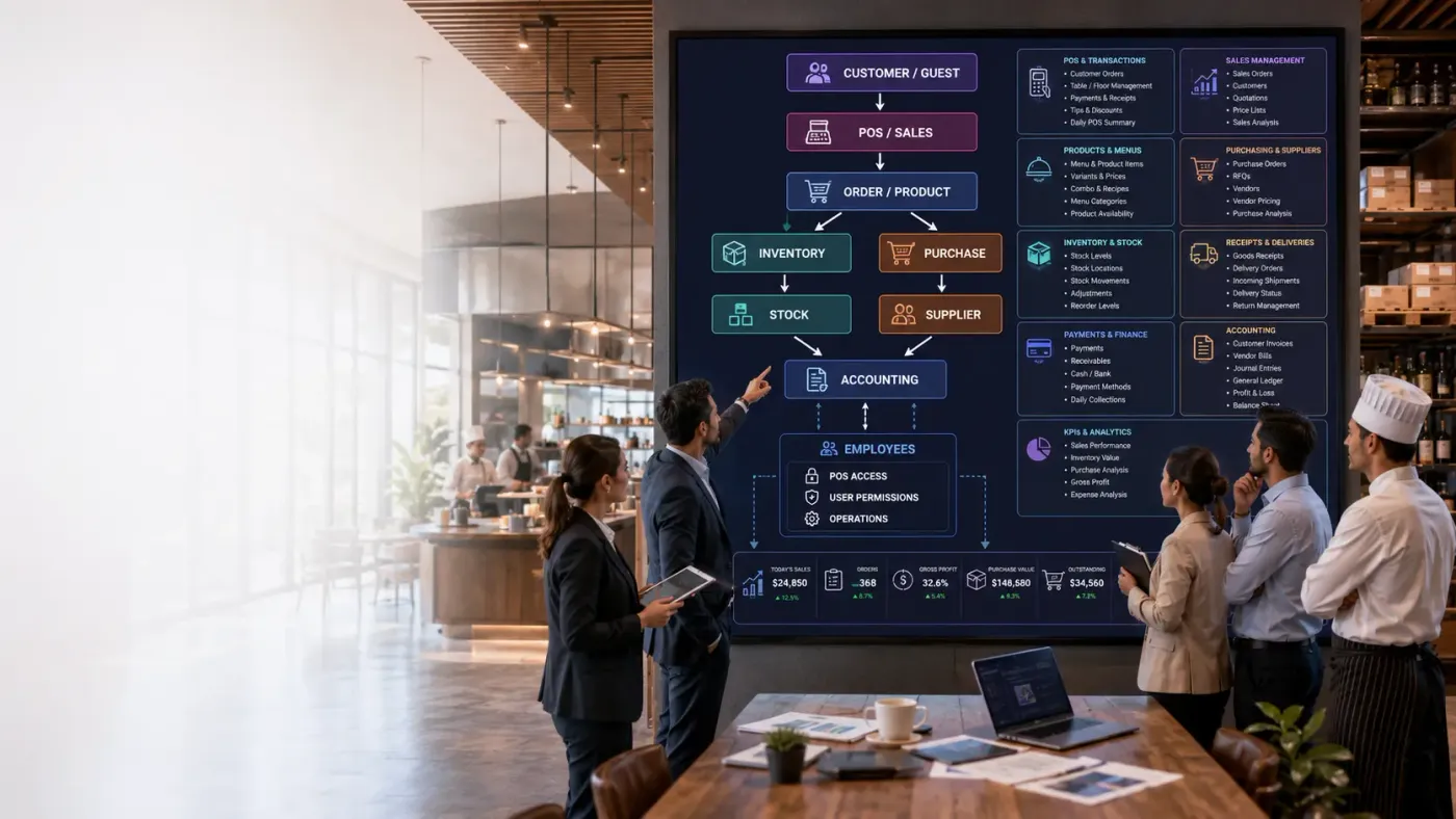 Diagram of connected hospitality operations in Odoo ERP