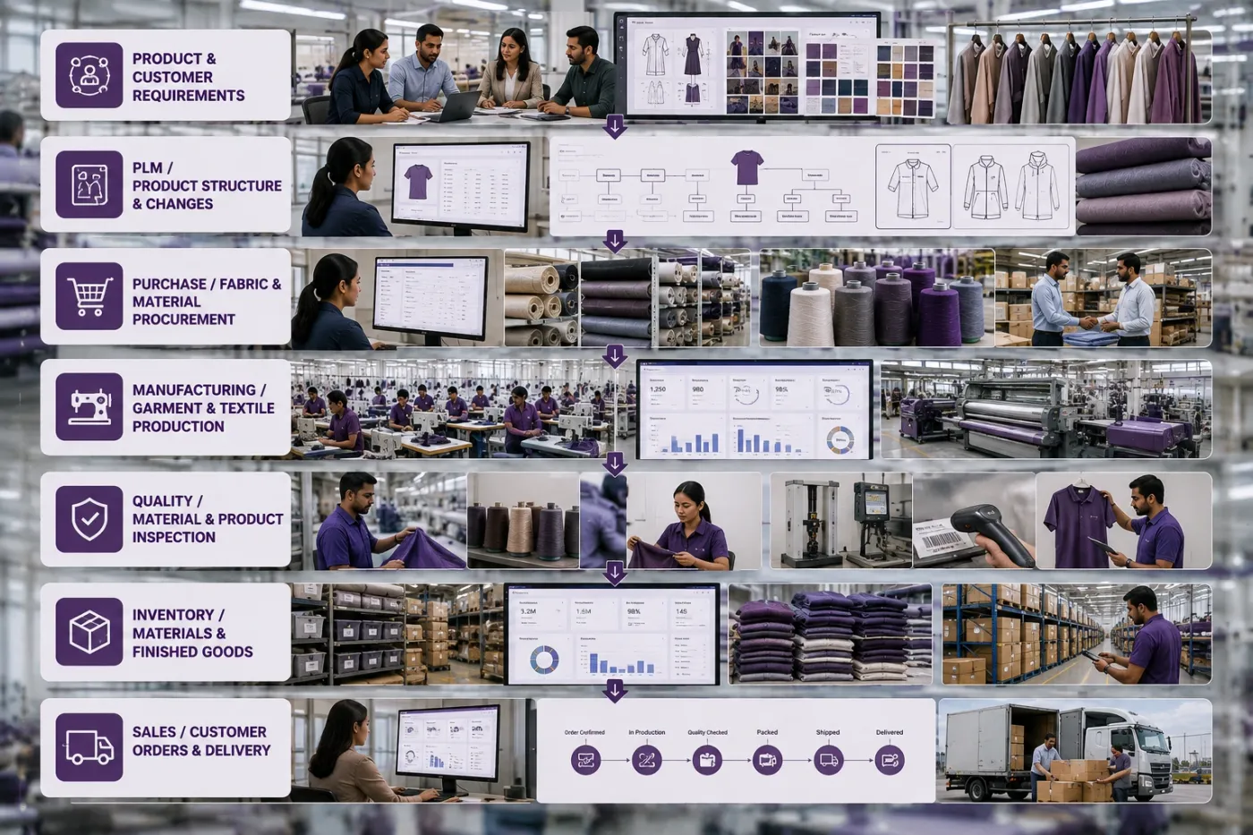Diagram of connected textile & apparel operations in Odoo ERP