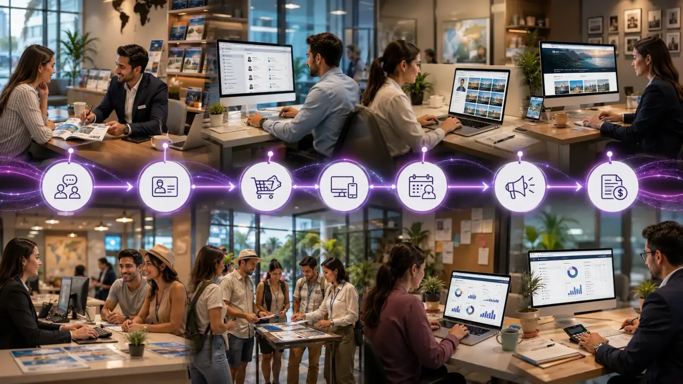 Diagram of connected travel & tourism operations in Odoo ERP