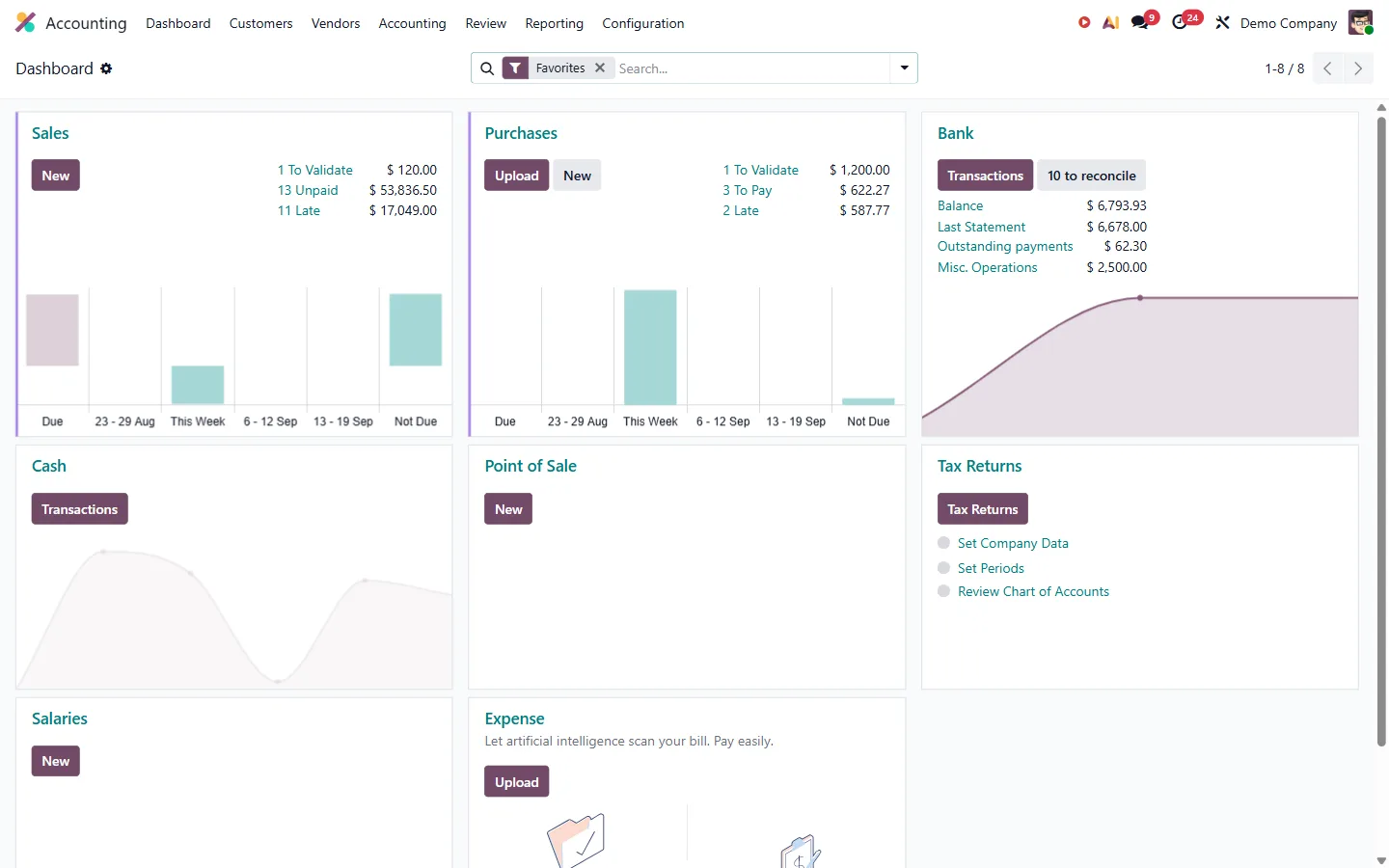 Real Odoo Accounting dashboard with bank reconciliation
