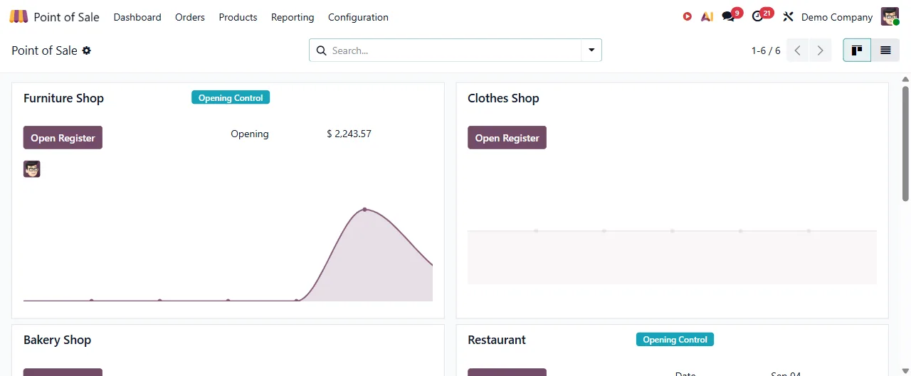 Real Odoo Point of Sale dashboard with shop registers