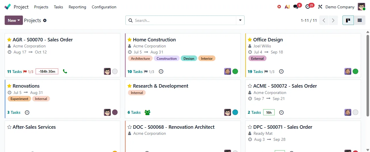 Real Odoo Project kanban with tasks and deadlines