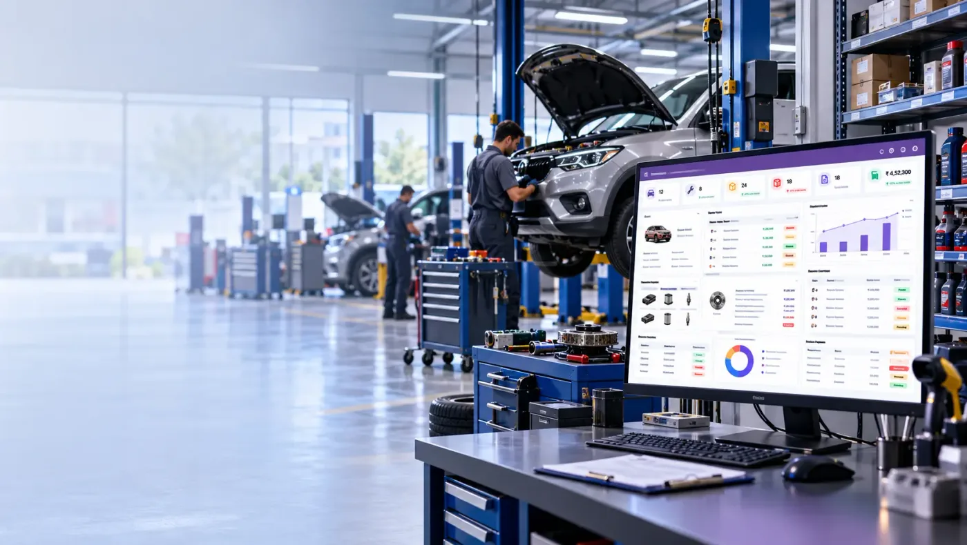An Odoo garage management system — vehicle job cards with parts, labour and billing in one record