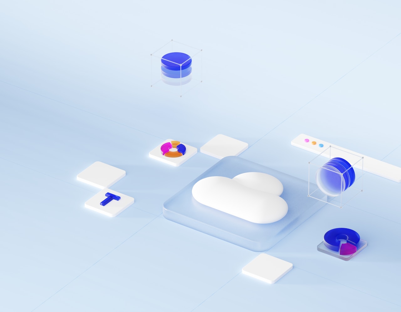 Cloud platform hosting Odoo ERP data, shown as floating dashboard and database panels