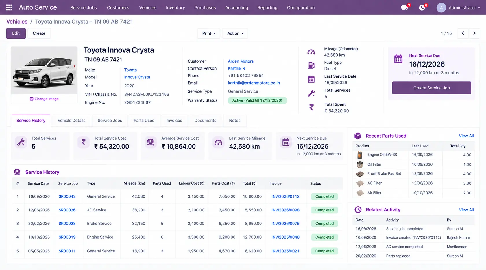 Odoo-erp-Vehicle-Service-History