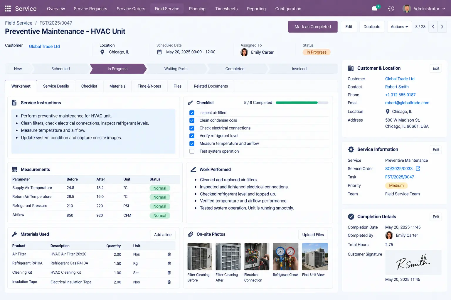 Odoo-Service-Worksheet-Job-Completion